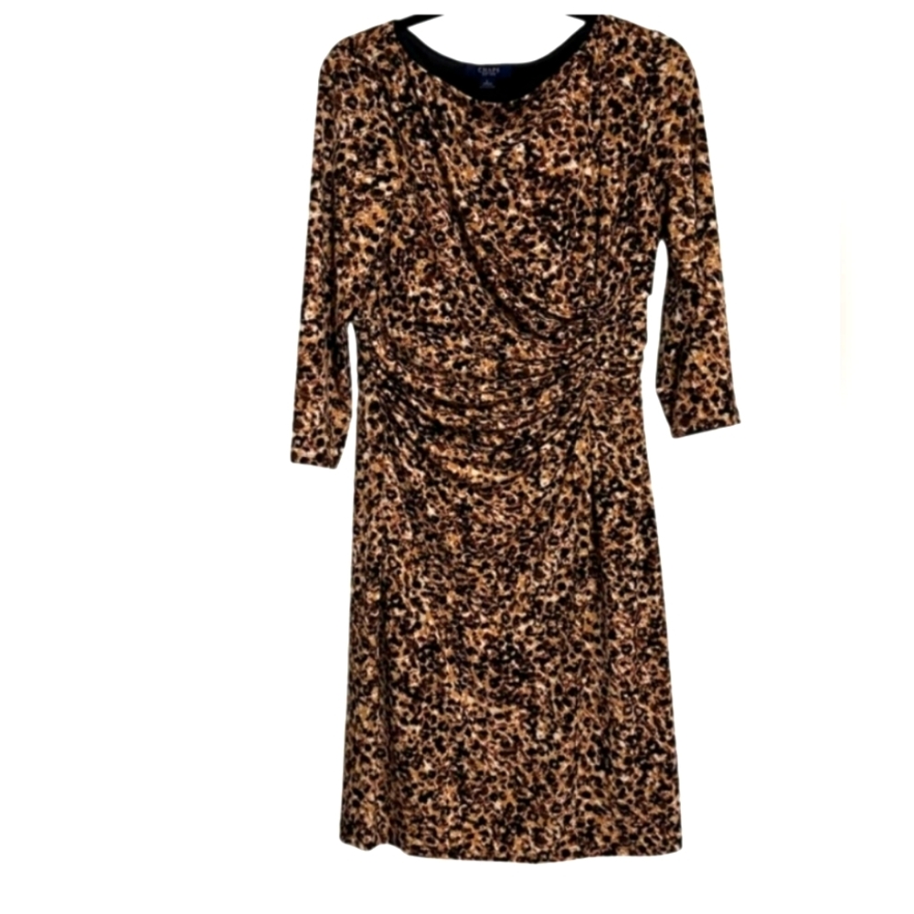 Chaps Leopard Ruched Midi Dress 3/4 Sleeve Tan Black Size L